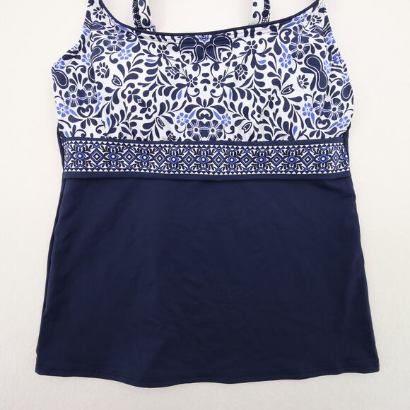 Lands End Tankini Top Navy Blue White Pattern Underwire Scoop Neck Size 8 - Picture 3 of 8